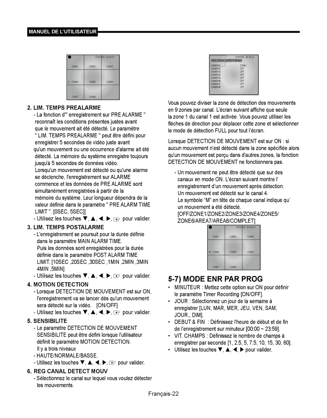 Samsung SMT-190Dx user manual Mode ENR PAR Prog, LIM. Temps Prealarme, Sensibilite, REG Canal Detect Mouv 