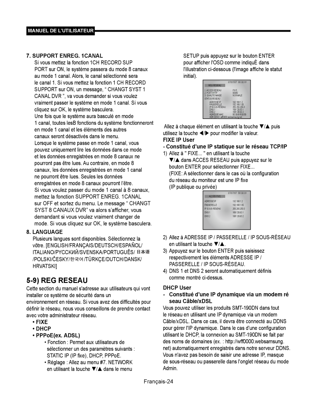 Samsung SMT-190Dx user manual REG Reseau, Support Enreg Canal, POLSKI/ČESKY/ /TÜRKÇE/DUTCH/DANSK Hrvatski, Fixe Dhcp 