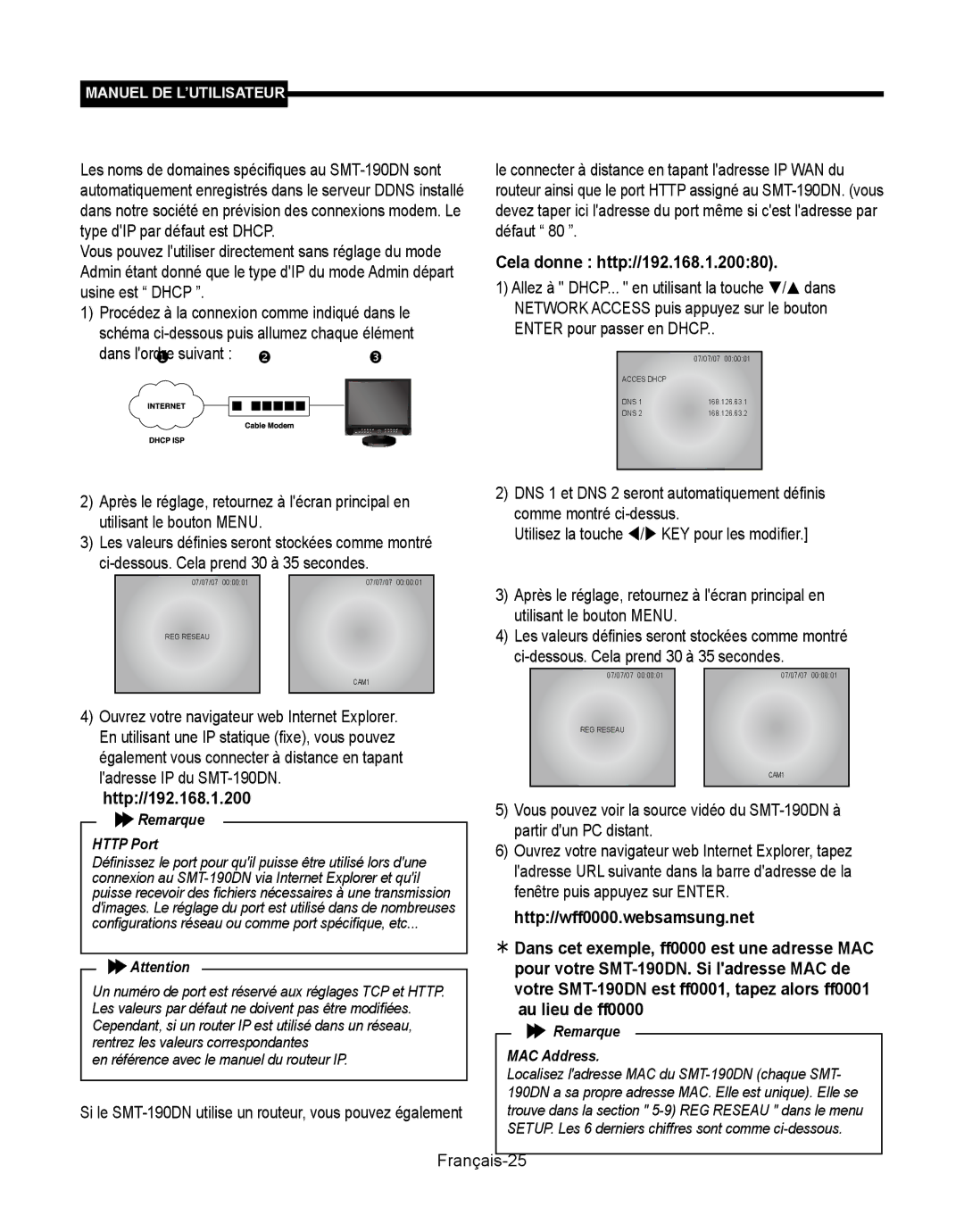 Samsung SMT-190Dx user manual Cela donne http//192.168.1.20080, Pour votre SMT-190DN. Si ladresse MAC de, Au lieu de ff0000 