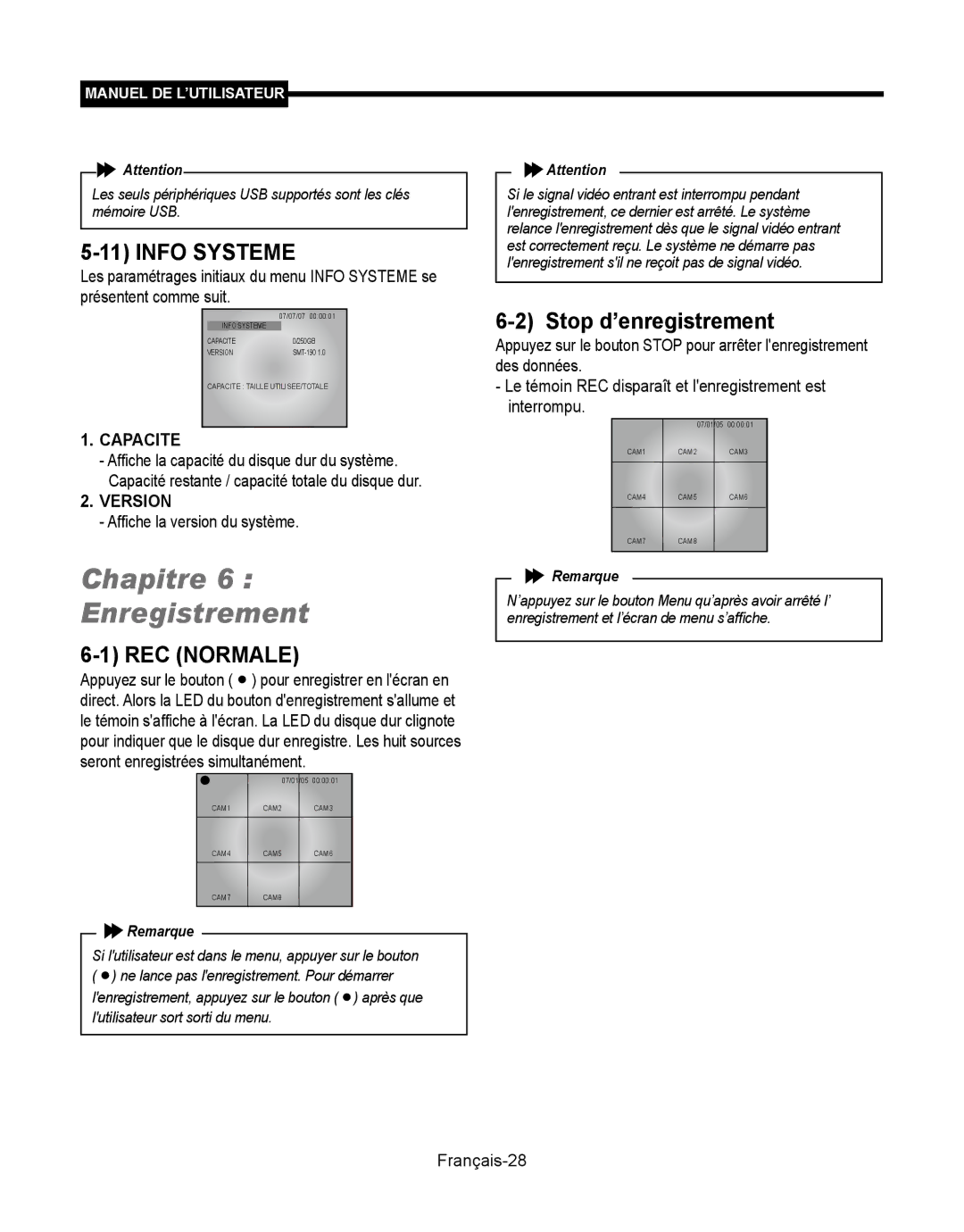 Samsung SMT-190Dx user manual Chapitre Enregistrement, Info Systeme, REC Normale, Stop d’enregistrement, Capacite 