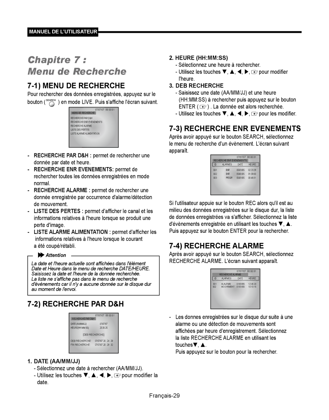 Samsung SMT-190Dx user manual Chapitre Menu de Recherche, Menu DE Recherche, Recherche PAR D&H, Recherche ENR Evenements 