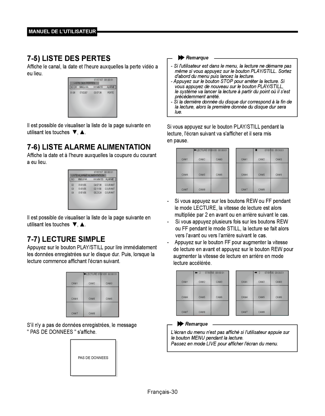 Samsung SMT-190Dx user manual Liste DES Pertes, Liste Alarme Alimentation, Lecture Simple, En pause, Français-30 