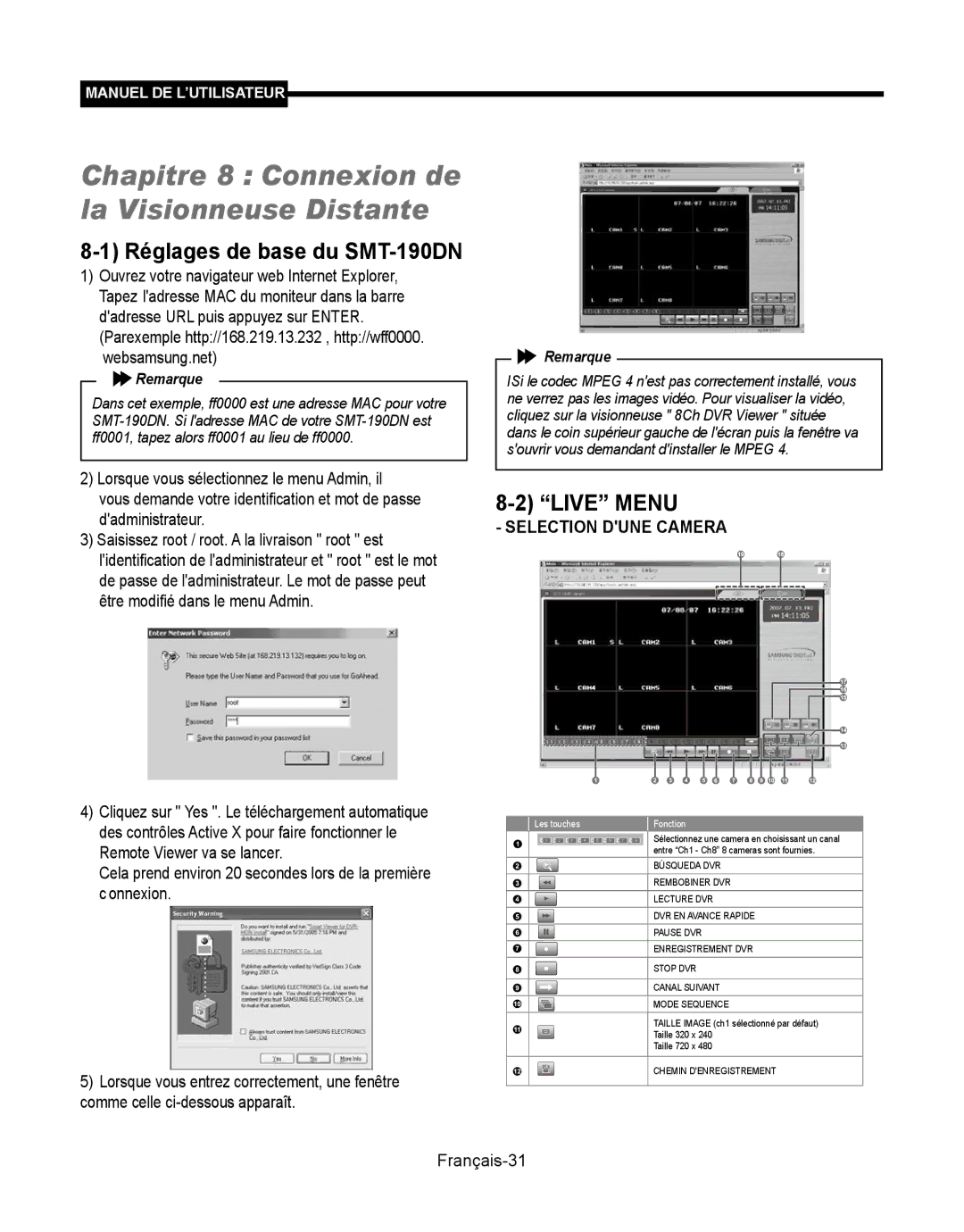 Samsung SMT-190Dx Chapitre 8 Connexion de la Visionneuse Distante, Réglages de base du SMT-190DN, Selection Dune Camera 