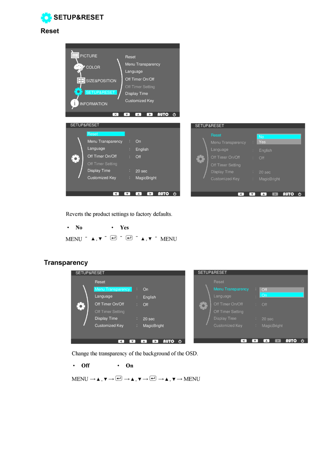 Samsung SMT-1712, SMT-1912 user manual Reset, Transparency, Yes, Off 