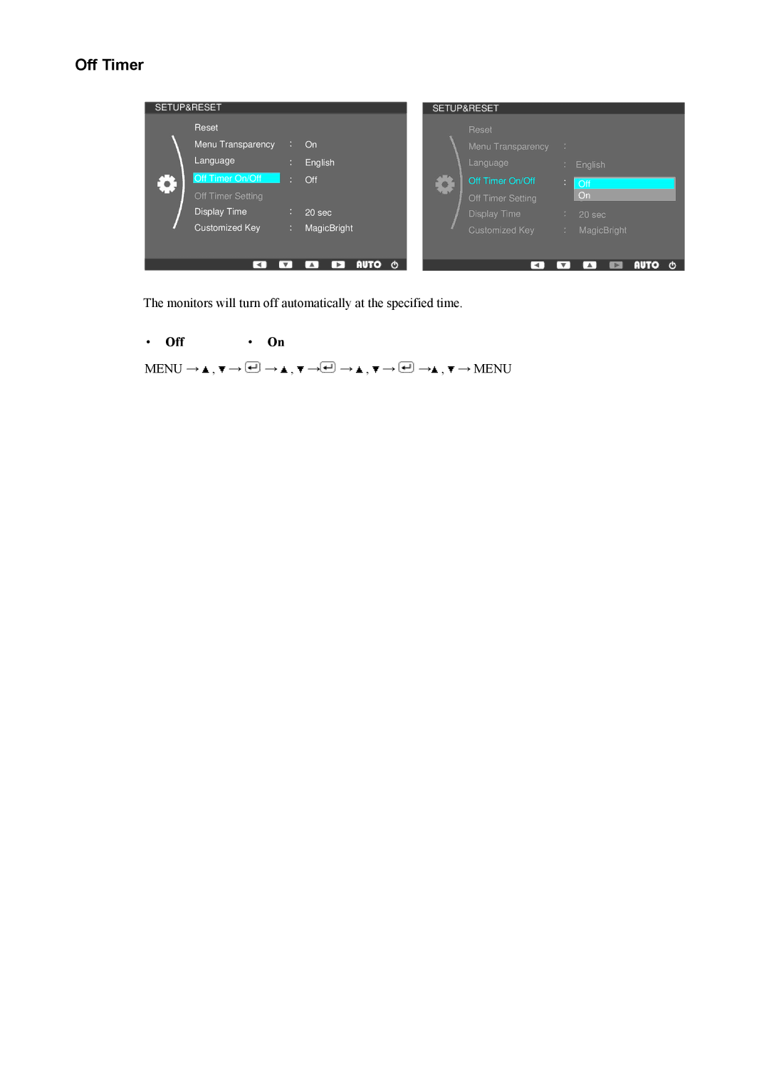 Samsung SMT-1712, SMT-1912 user manual Off Timer, Off On 