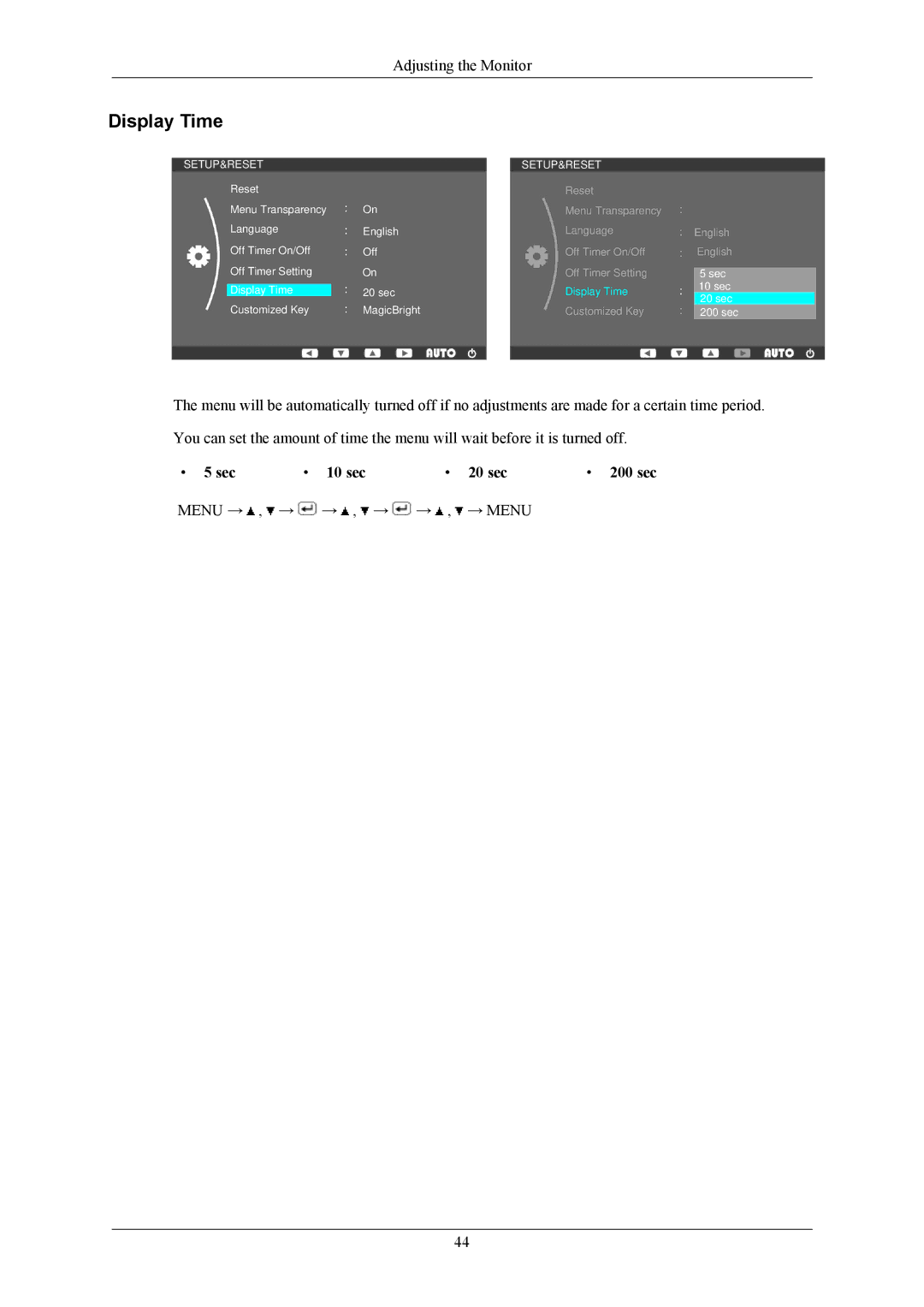 Samsung SMT-1912, SMT-1712 user manual Display Time, Sec 10 sec 20 sec 200 sec 