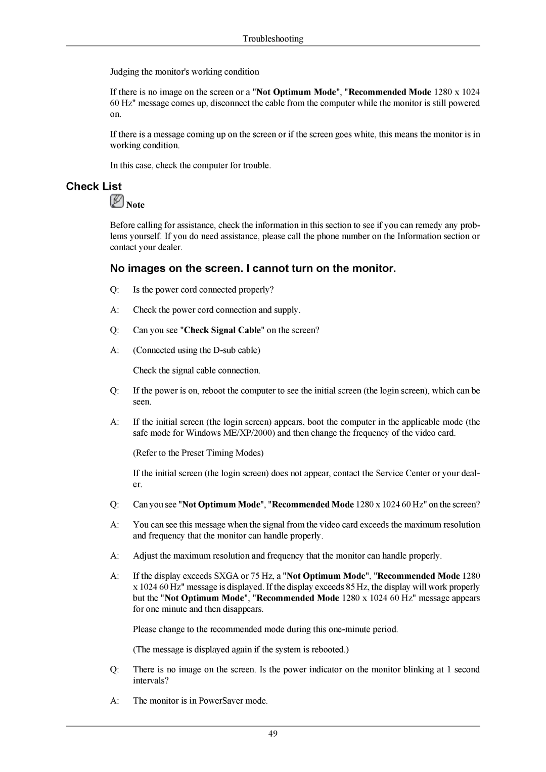 Samsung SMT-1912, SMT-1712 user manual Check List, No images on the screen. I cannot turn on the monitor 