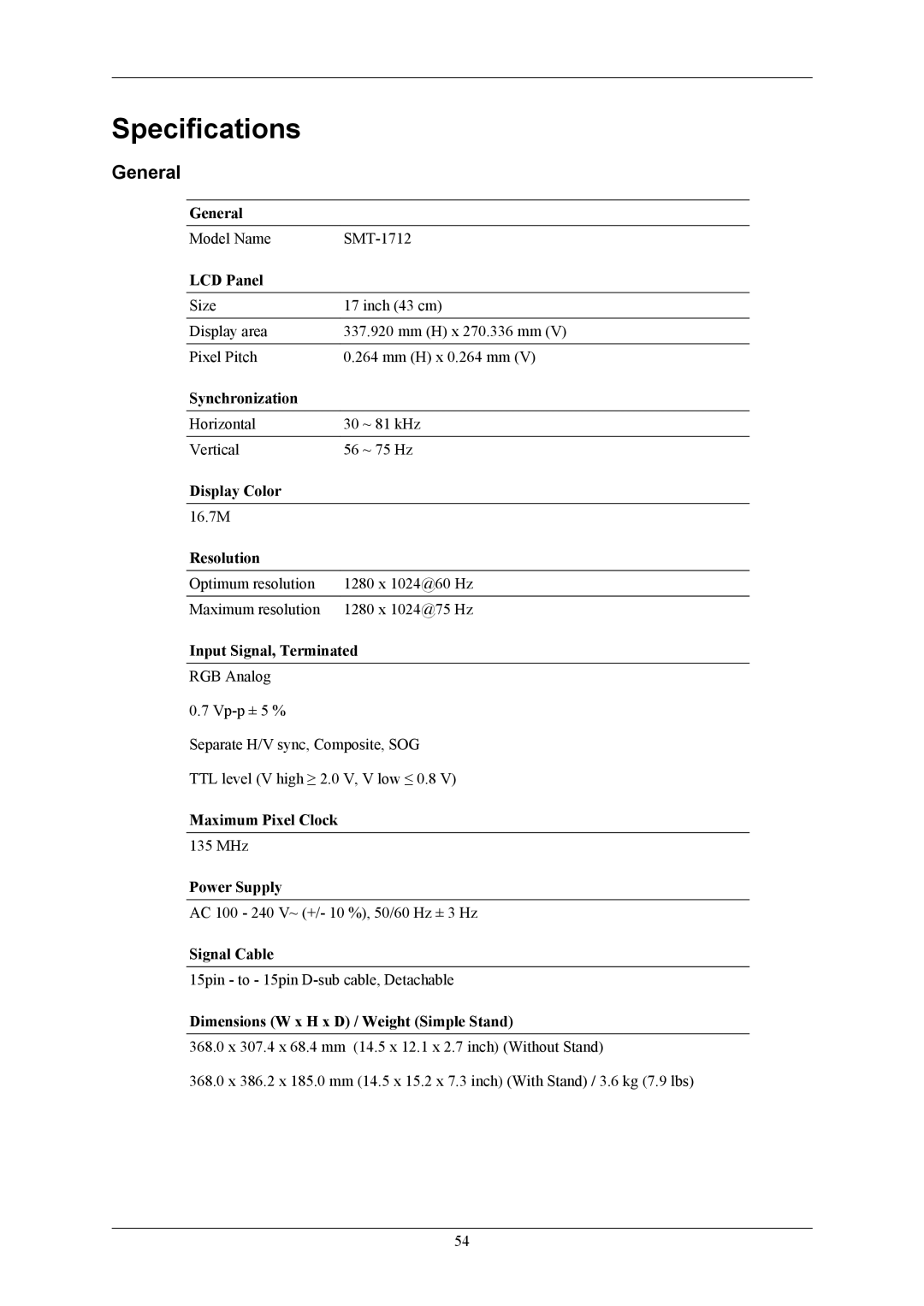 Samsung SMT-1712, SMT-1912 user manual Specifications, General 