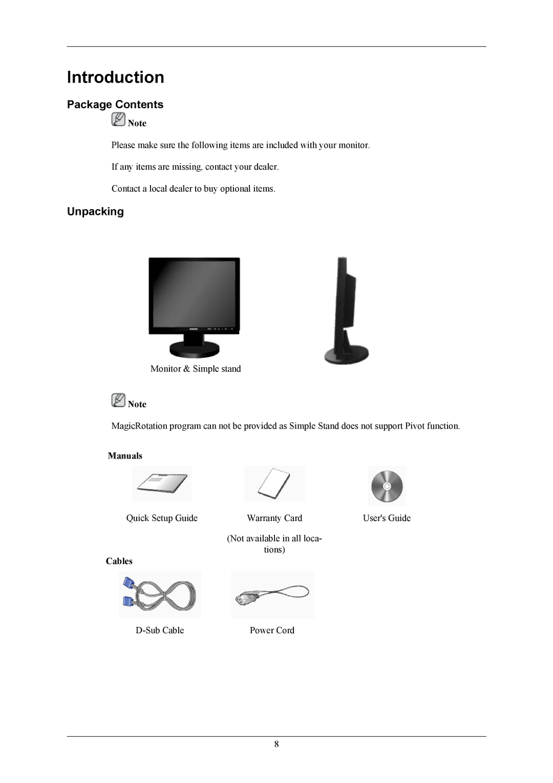 Samsung SMT-1712, SMT-1912 user manual Introduction, Package Contents, Unpacking 