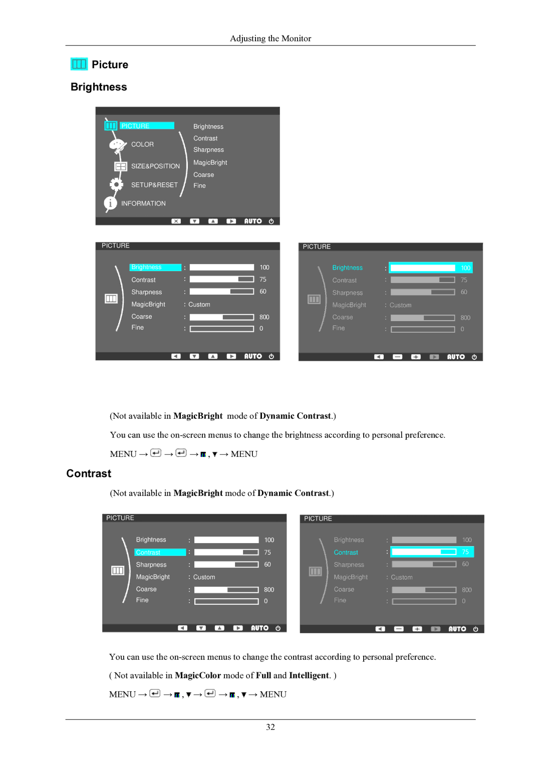 Samsung SMT-1912P manual Picture Brightness, Contrast 