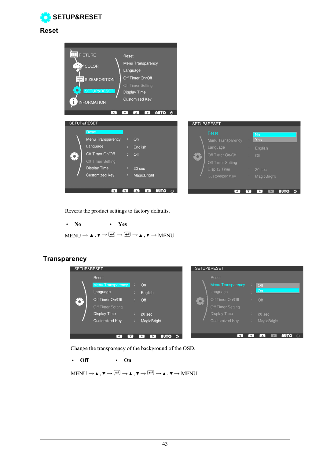 Samsung SMT-1912P manual Reset, Transparency, Yes, Off On 