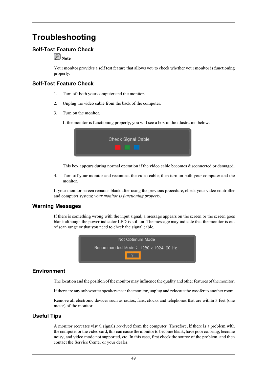 Samsung SMT-1912P manual Troubleshooting, Self-Test Feature Check, Environment, Useful Tips 