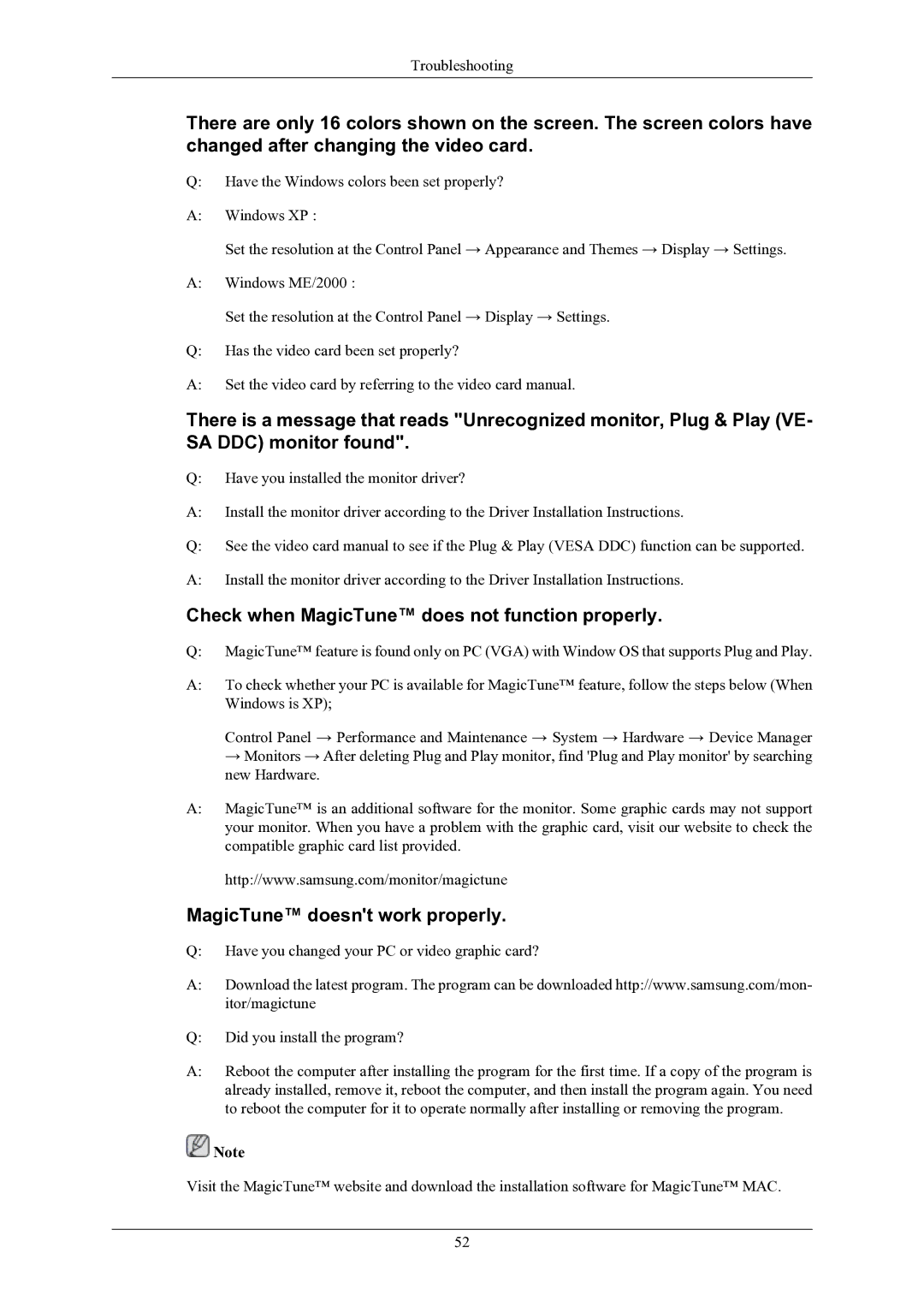 Samsung SMT-1912P manual Check when MagicTune does not function properly, MagicTune doesnt work properly 