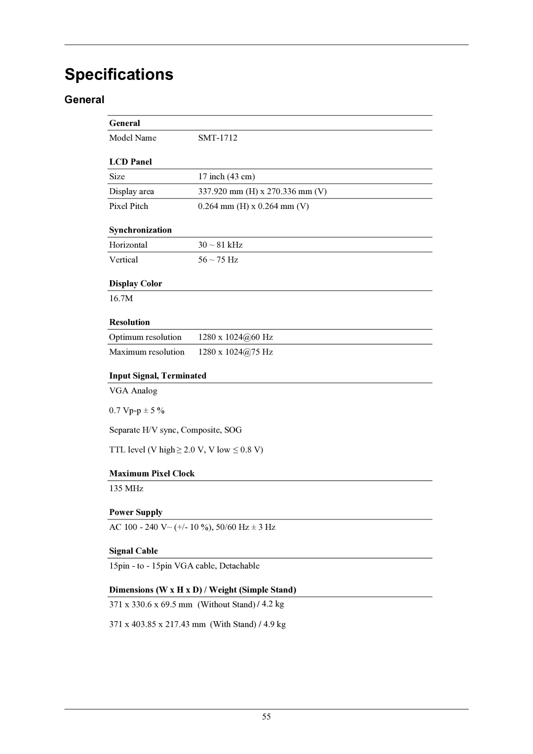 Samsung SMT-1912P manual Specifications, General 