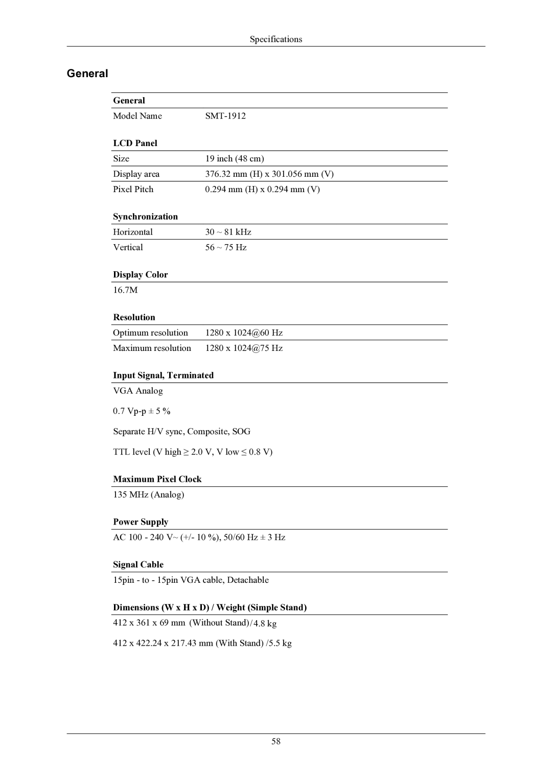 Samsung SMT-1912P manual Model Name SMT-1912 