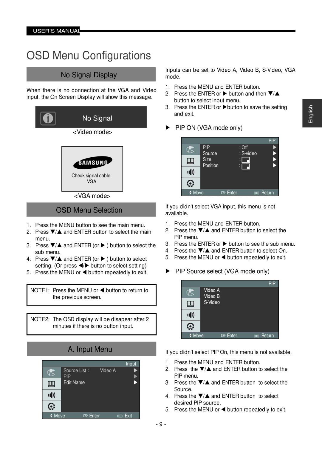 Samsung SMT-1721P/XEOV, SMT-1921P/XEOV manual No Signal Display, OSD Menu Selection, Input Menu,  PIP on VGA mode only 