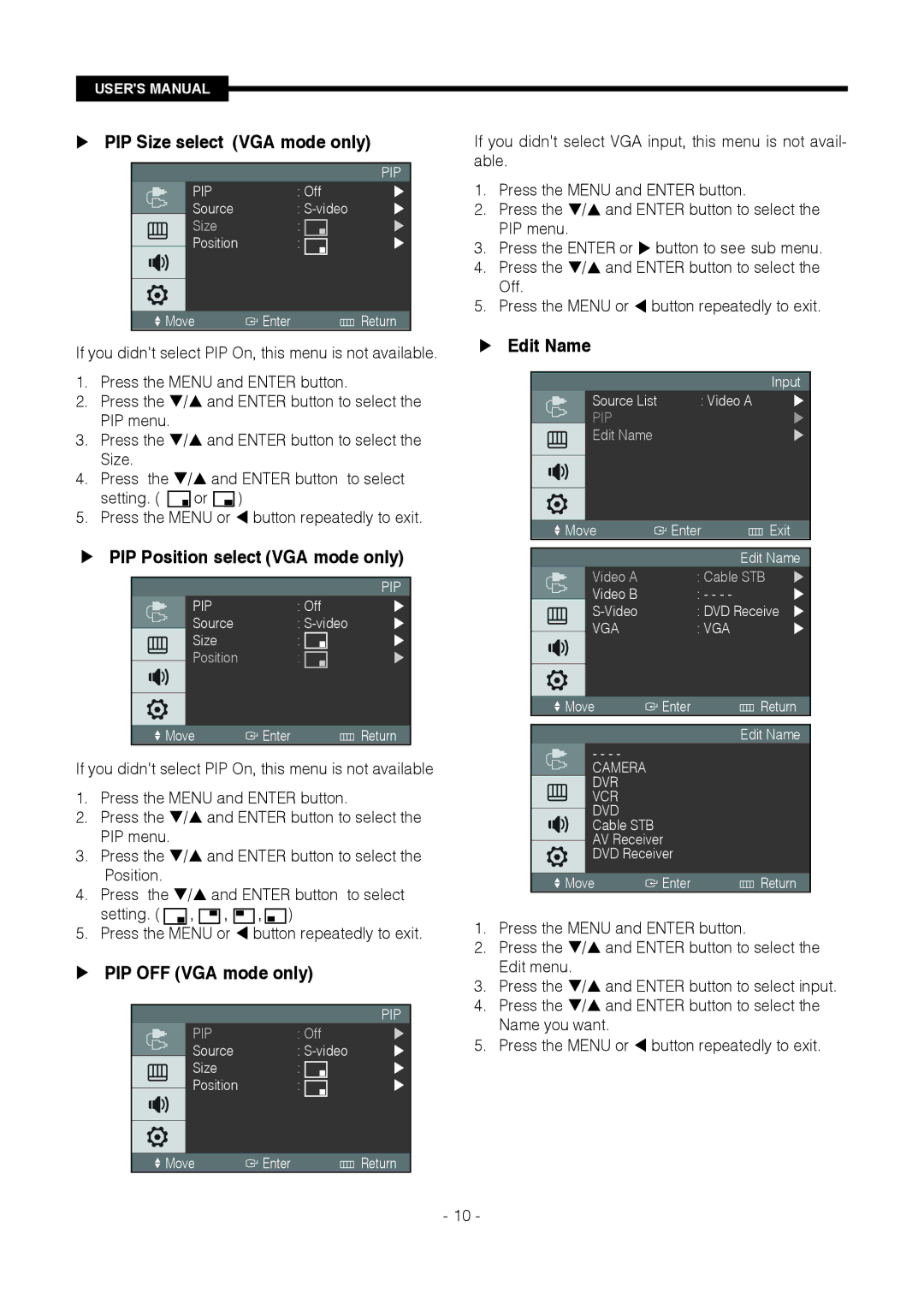 Samsung SMT-1921P/XEOV manual  PIP Size select VGA mode only,  PIP Position select VGA mode only,  PIP OFF VGA mode only 