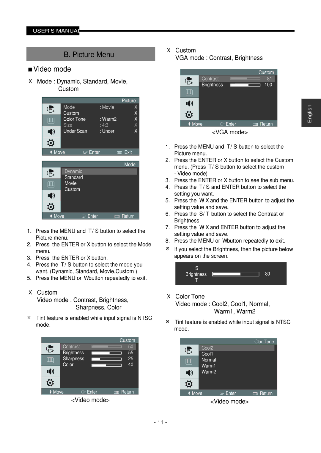 Samsung SMT-1921P, SMT-1721P Picture Menu Video mode,  Mode Dynamic, Standard, Movie, Custom,  Custom,  Color Tone 