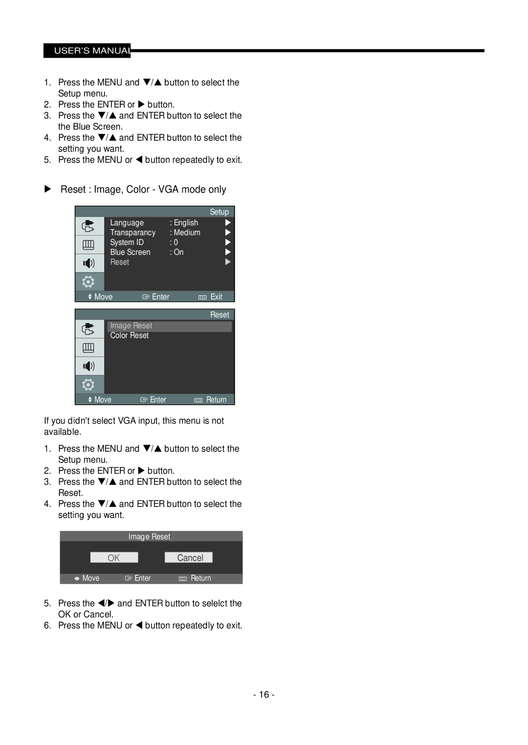 Samsung SMT-1721P/XEOV, SMT-1921P/XEOV manual  Reset Image, Color VGA mode only, OKCancel 