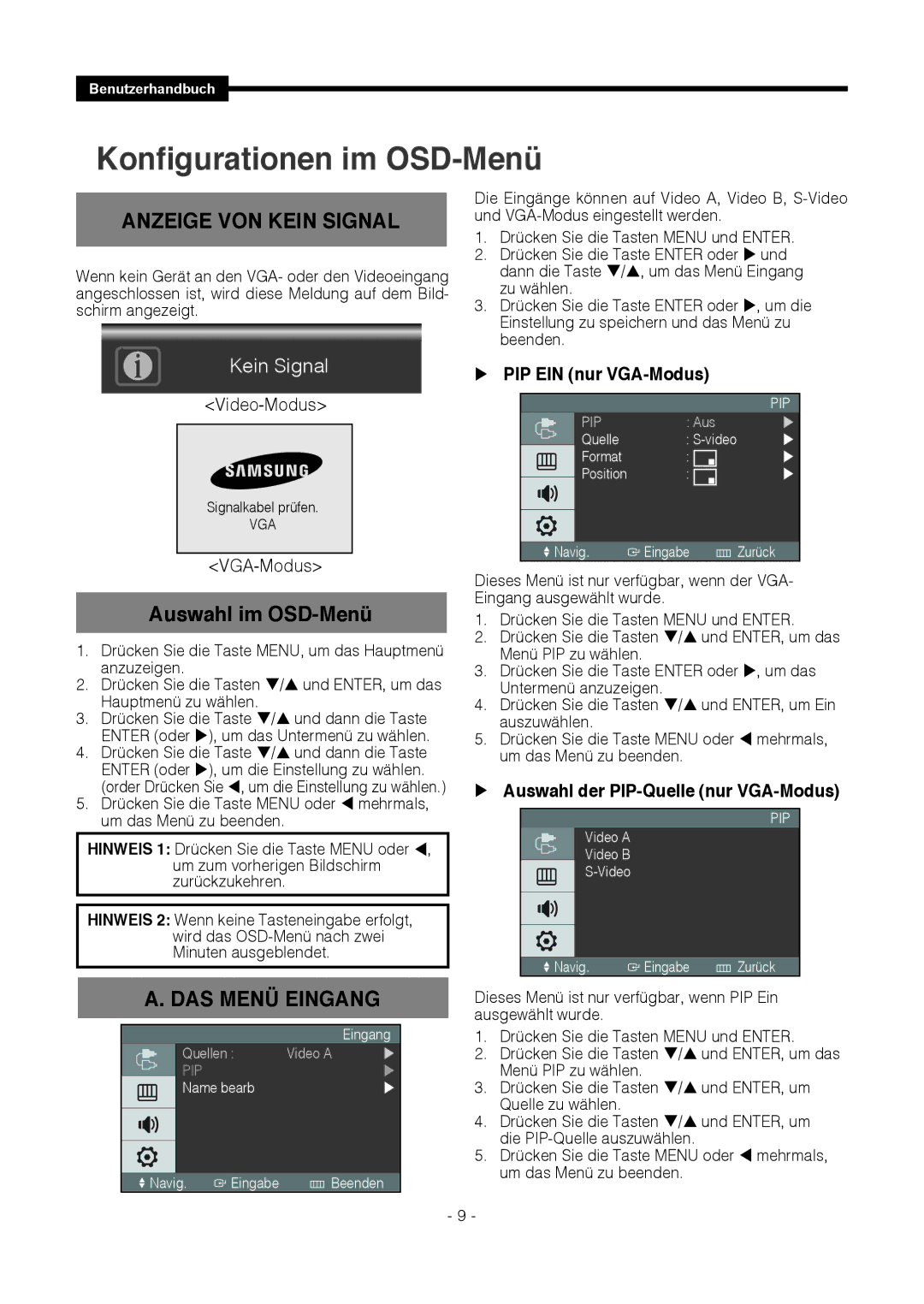 Samsung SMT-1921P, SMT-1721P manual Anzeige VON Kein Signal, Auswahl im OSD-Menü, DAS Menü Eingang,  PIP EIN nur VGA-Modus 