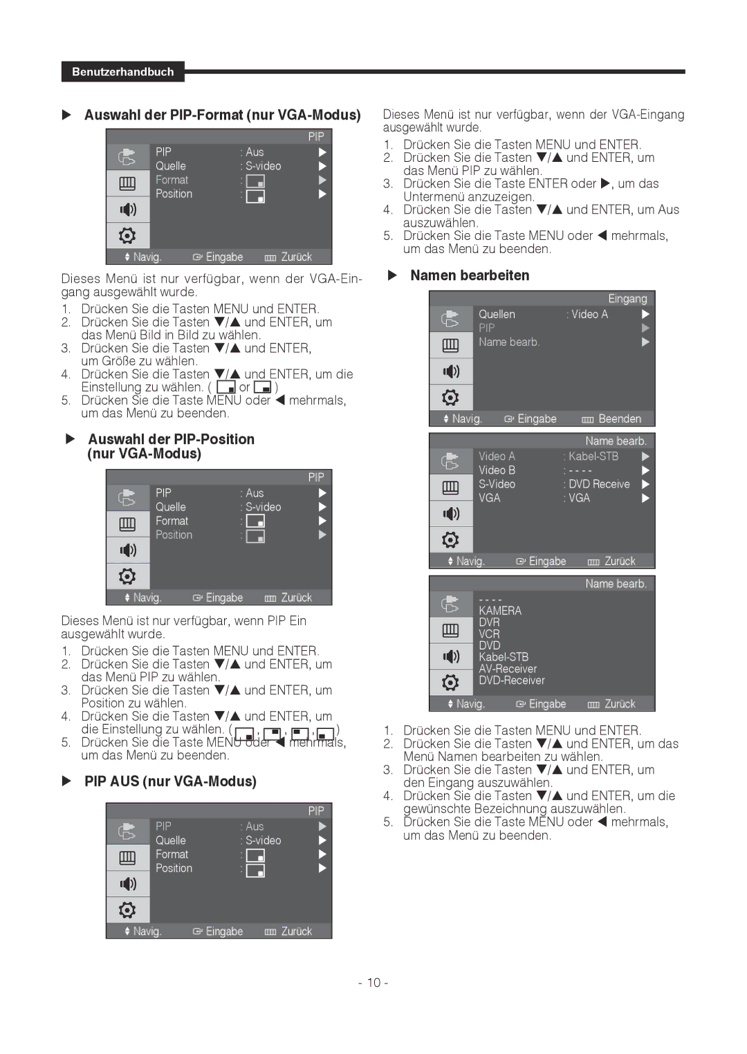 Samsung SMT-1721P, SMT-1921P manual  Auswahl der PIP-Format nur VGA-Modus,  PIP AUS nur VGA-Modus,  Namen bearbeiten 