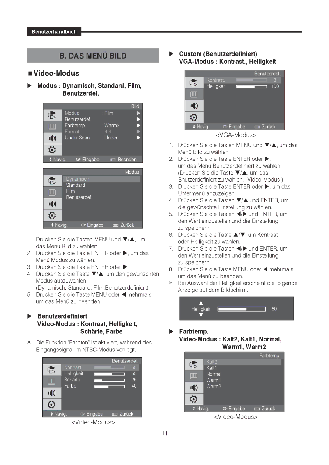 Samsung SMT-1921P, SMT-1721P manual DAS Menü Bild, Video-Modus,  Modus Dynamisch, Standard, Film, Benutzerdef,  Farbtemp 