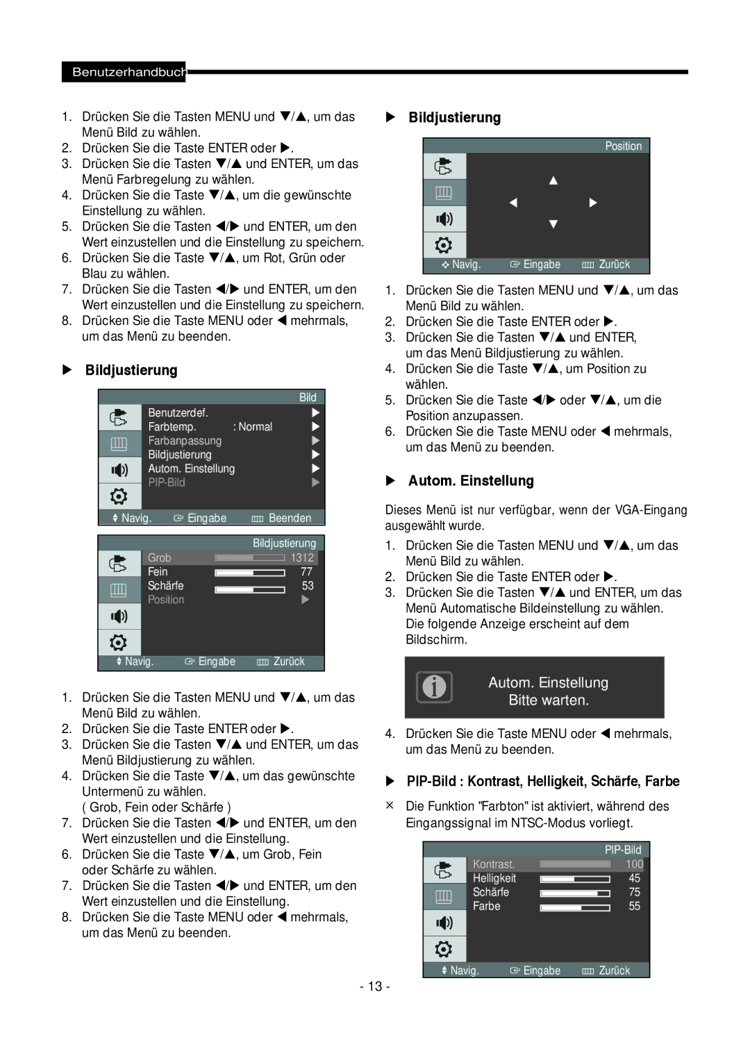 Samsung SMT-1921P, SMT-1721P manual  Bildjustierung,  Autom. Einstellung,  PIP-Bild Kontrast, Helligkeit, Schärfe, Farbe 