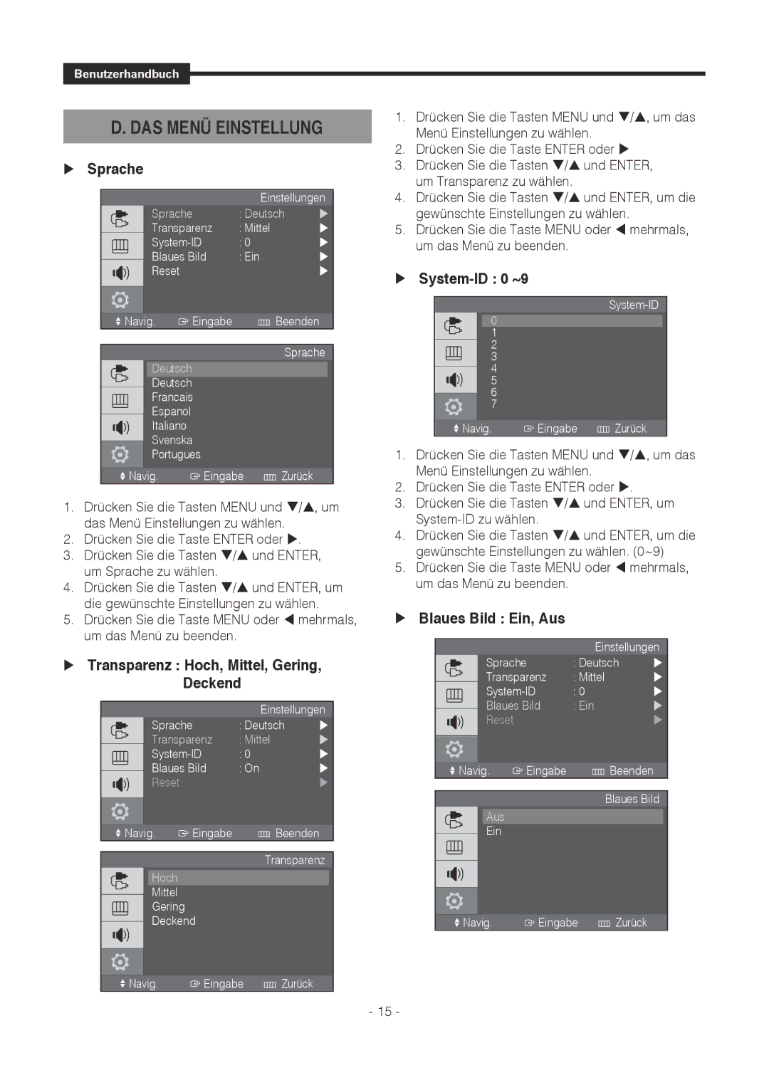 Samsung SMT-1921P manual DAS Menü Einstellung,  Sprache,  Transparenz Hoch, Mittel, Gering, Deckend,  System-ID 0 ~9 