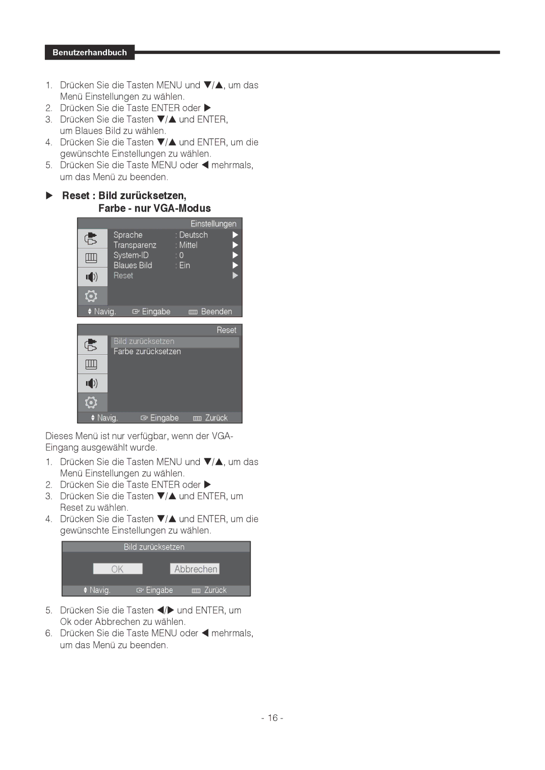 Samsung SMT-1721P, SMT-1921P manual  Reset Bild zurücksetzen, Farbe nur VGA-Modus, OK Abbrechen 