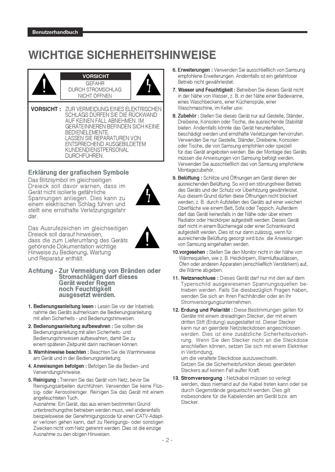 Samsung SMT-1721P, SMT-1921P manual Wichtige Sicherheitshinweise 