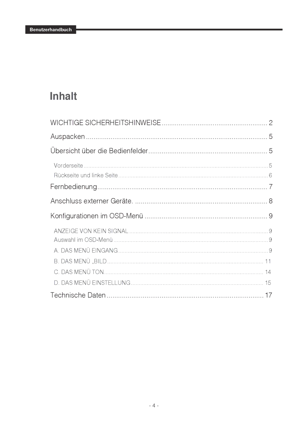 Samsung SMT-1721P, SMT-1921P manual Inhalt 