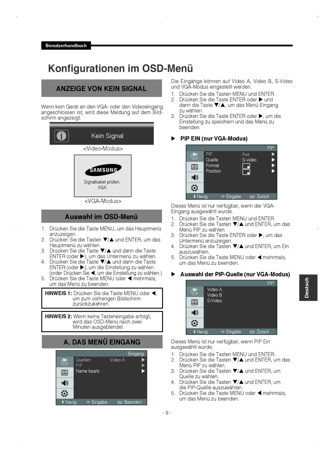 Samsung SMT-1921P, SMT-1721P manual Anzeige VON Kein Signal, Auswahl im OSD-Menü, DAS Menü Eingang,  PIP EIN nur VGA-Modus 