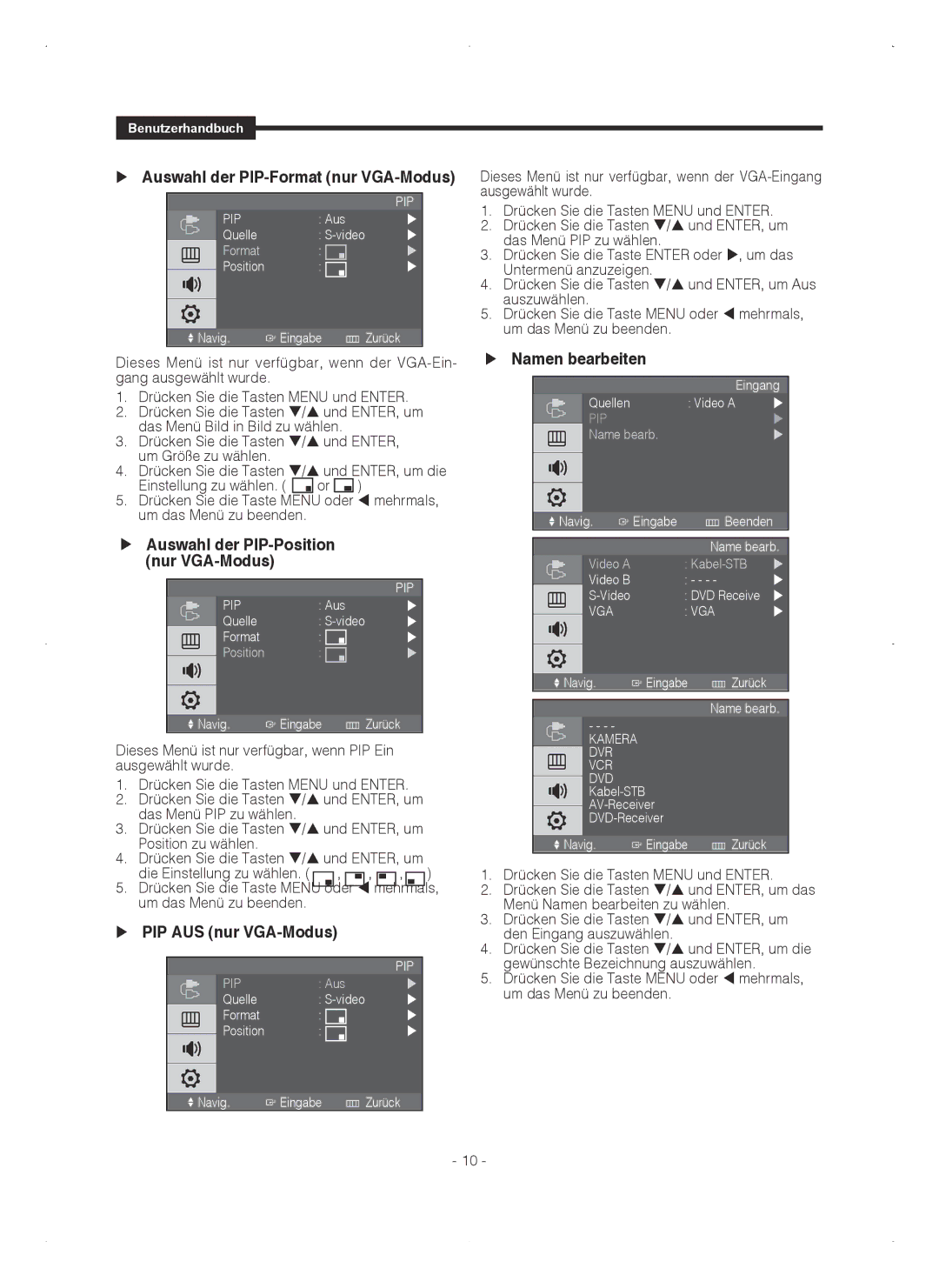 Samsung SMT-1721P, SMT-1921P manual  Auswahl der PIP-Format nur VGA-Modus,  PIP AUS nur VGA-Modus,  Namen bearbeiten 