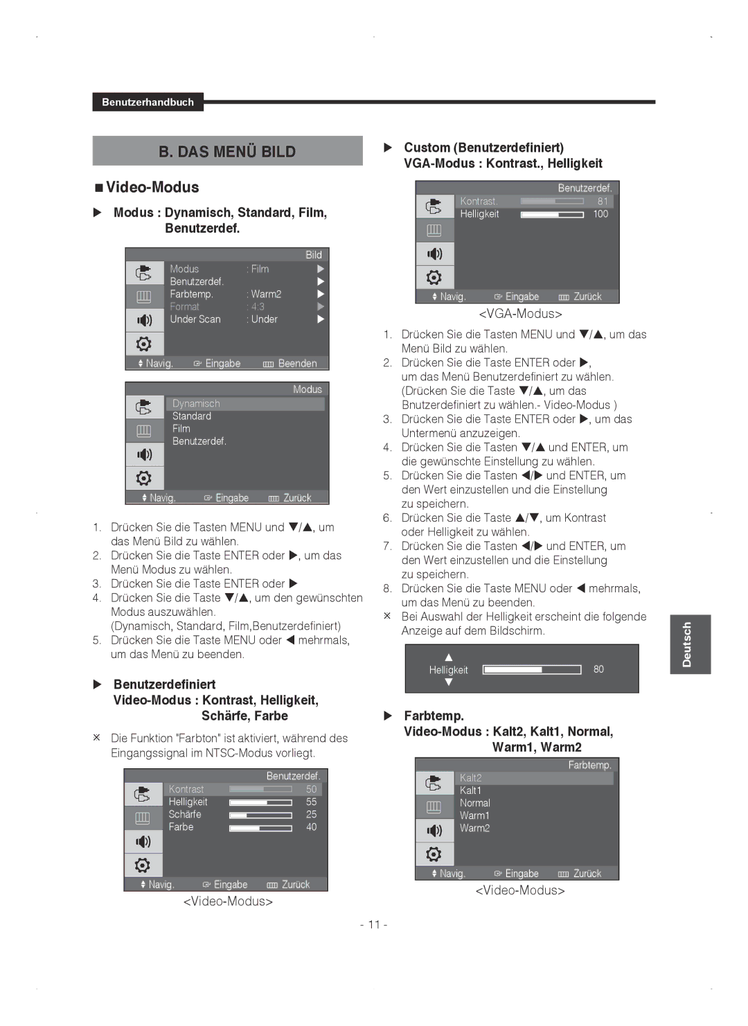 Samsung SMT-1921P, SMT-1721P manual DAS Menü Bild, Video-Modus,  Modus Dynamisch, Standard, Film, Benutzerdef,  Farbtemp 