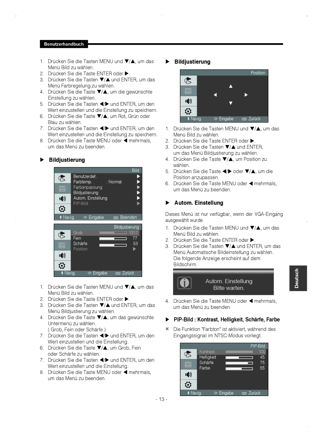 Samsung SMT-1921P, SMT-1721P manual  Bildjustierung,  Autom. Einstellung,  PIP-Bild Kontrast, Helligkeit, Schärfe, Farbe 