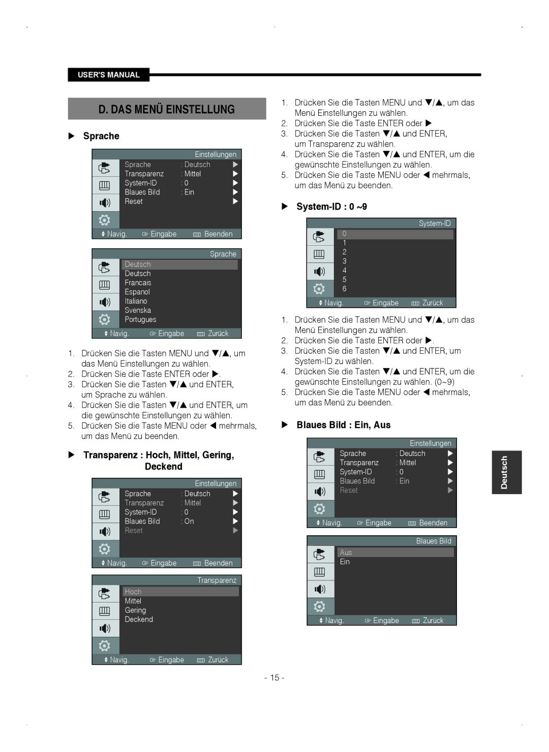 Samsung SMT-1921P manual DAS Menü Einstellung,  Sprache,  Transparenz Hoch, Mittel, Gering, Deckend,  System-ID 0 ~9 