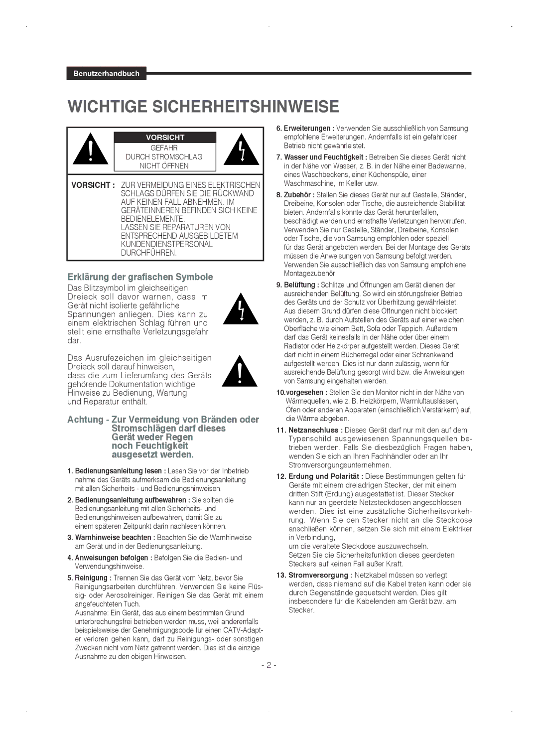 Samsung SMT-1721P, SMT-1921P manual Wichtige Sicherheitshinweise 