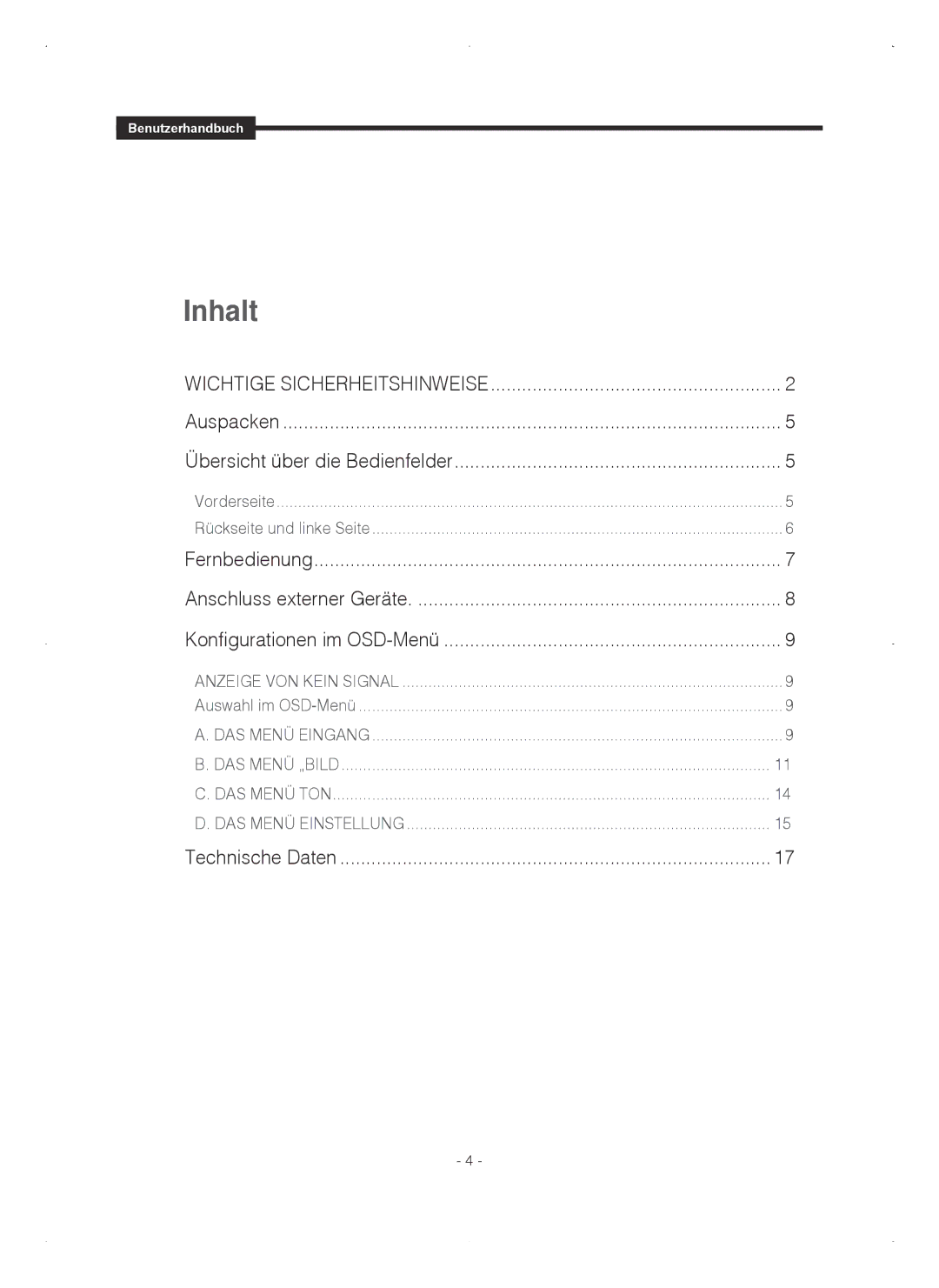 Samsung SMT-1721P, SMT-1921P manual Inhalt 