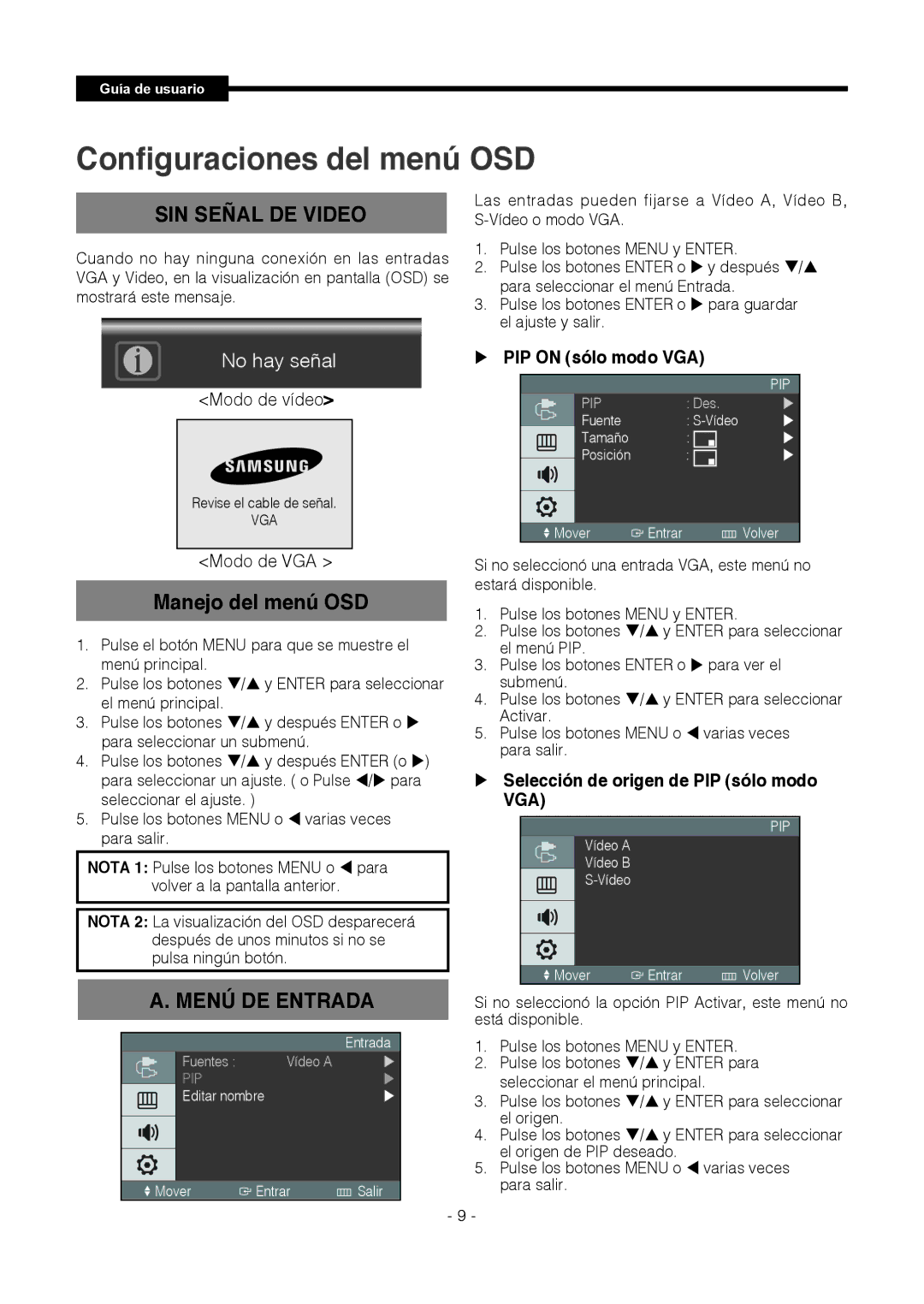 Samsung SMT-1921P, SMT-1721P manual Manejo del menú OSD,  PIP on sólo modo VGA,  Selección de origen de PIP sólo modo VGA 