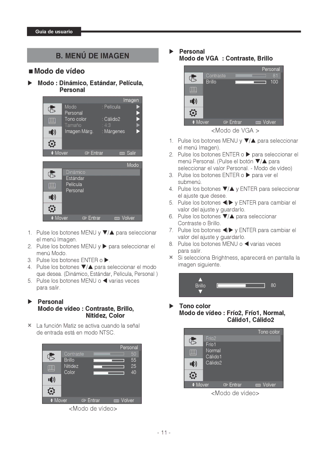 Samsung SMT-1921P, SMT-1721P manual Modo de vídeo,  Modo Dinámico, Estándar, Película, Personal,  Personal,  Tono color 