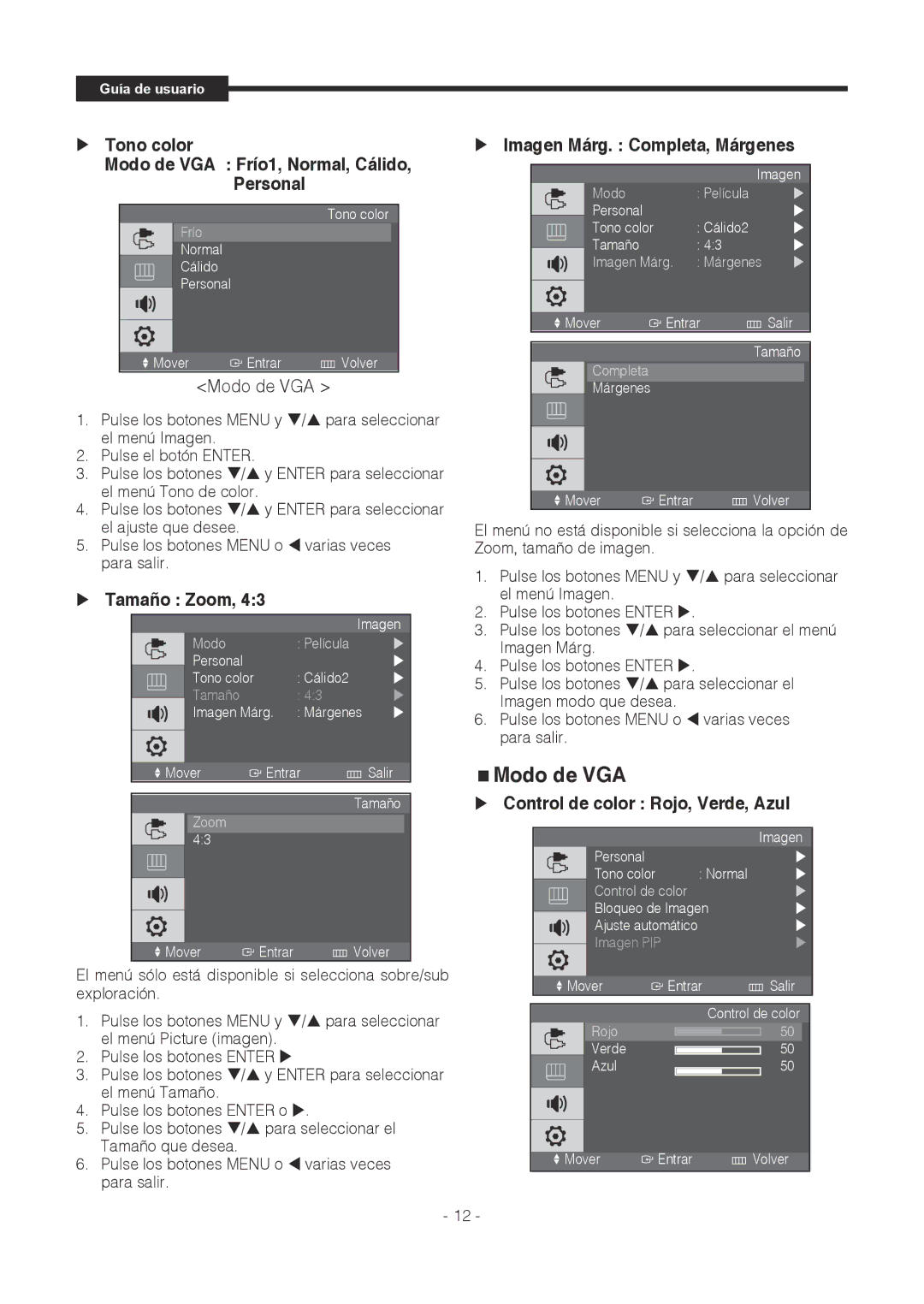 Samsung SMT-1721P, SMT-1921P manual Modo de VGA,  Tono color Modo de VGA Frío1, Normal, Cálido, Personal,  Tamaño Zoom 