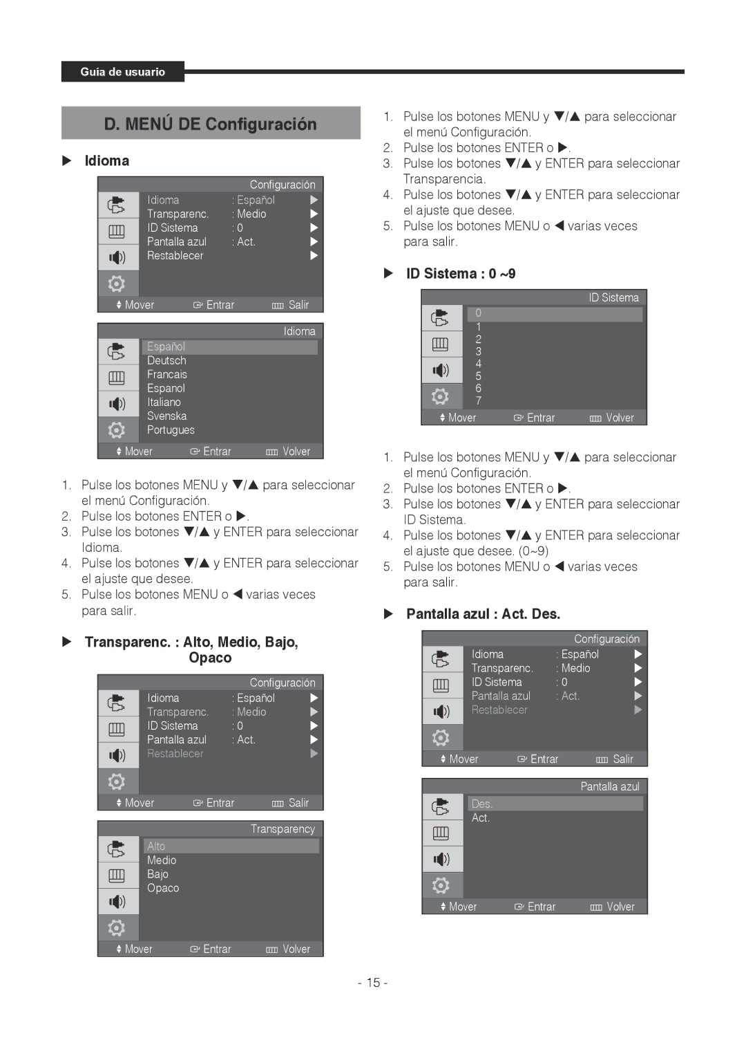 Samsung SMT-1921P, SMT-1721P Menú DE Configuración,  Idioma,  Transparenc. Alto, Medio, Bajo, Opaco,  ID Sistema 0 ~9 