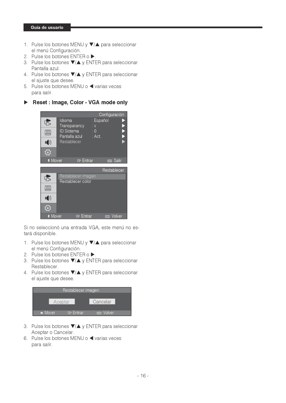 Samsung SMT-1721P, SMT-1921P manual  Reset Image, Color VGA mode only, Aceptar Cancelar 