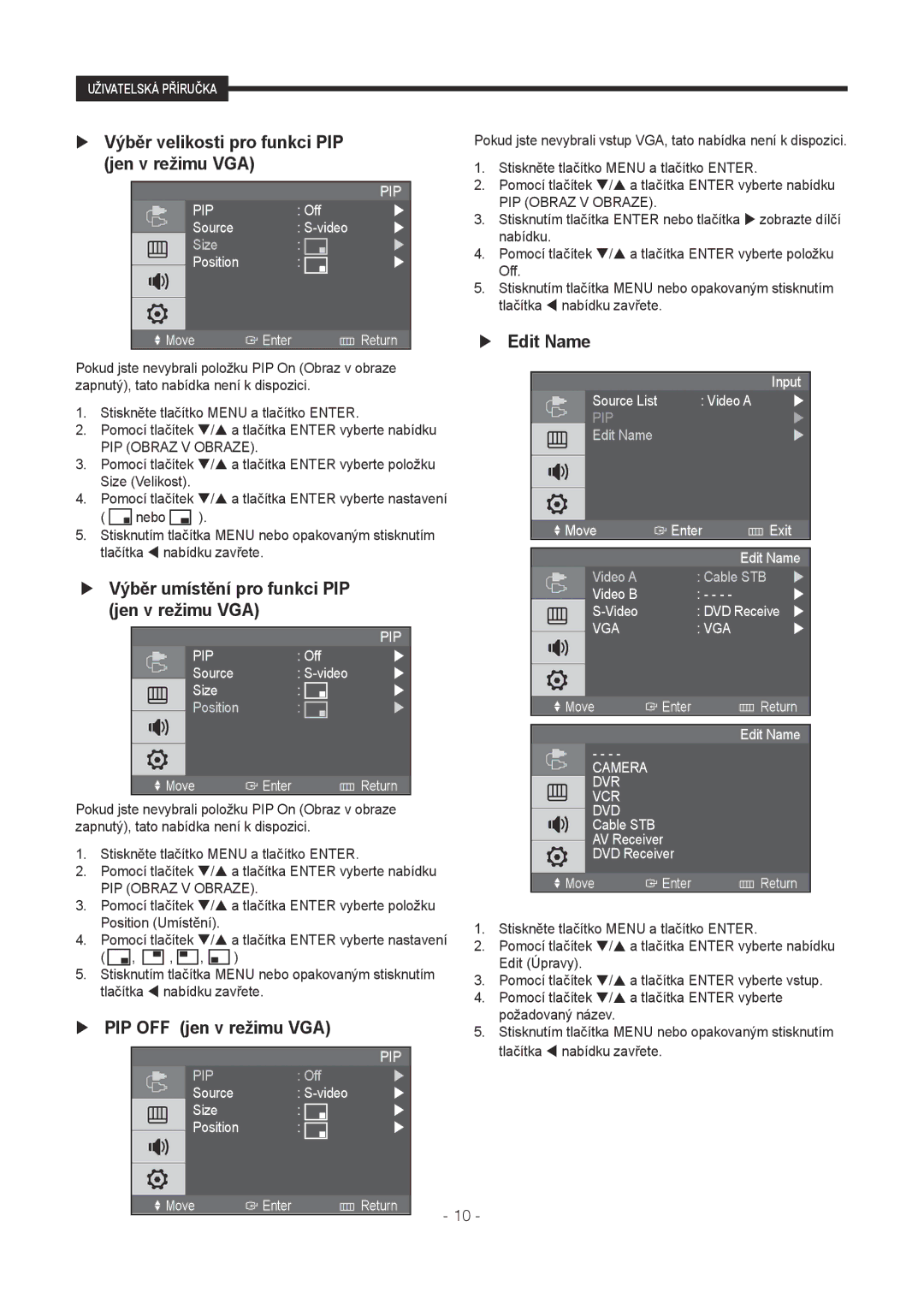 Samsung SMT-1721P  Výběr velikosti pro funkci PIP jen v režimu VGA,  Výběr umístění pro funkci PIP jen v režimu VGA 