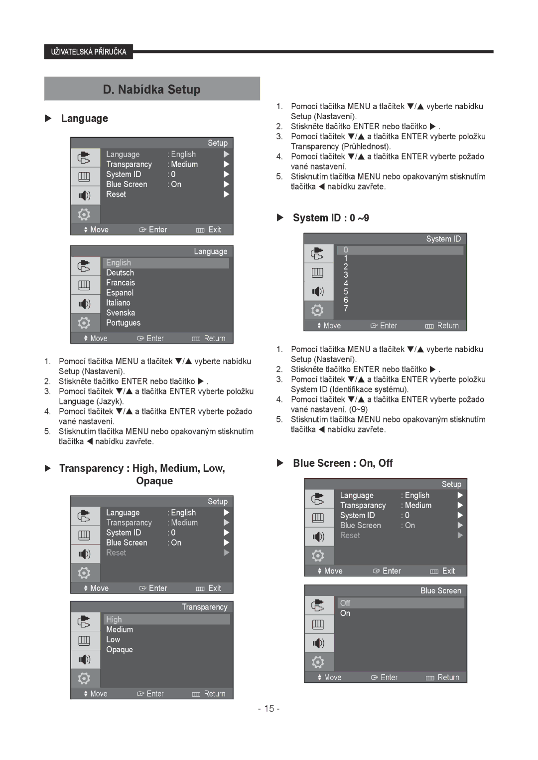 Samsung SMT-1921P, SMT-1721P manual Nabídka Setup,  Language,  Transparency High, Medium, Low, Opaque,  System ID 0 ~9 