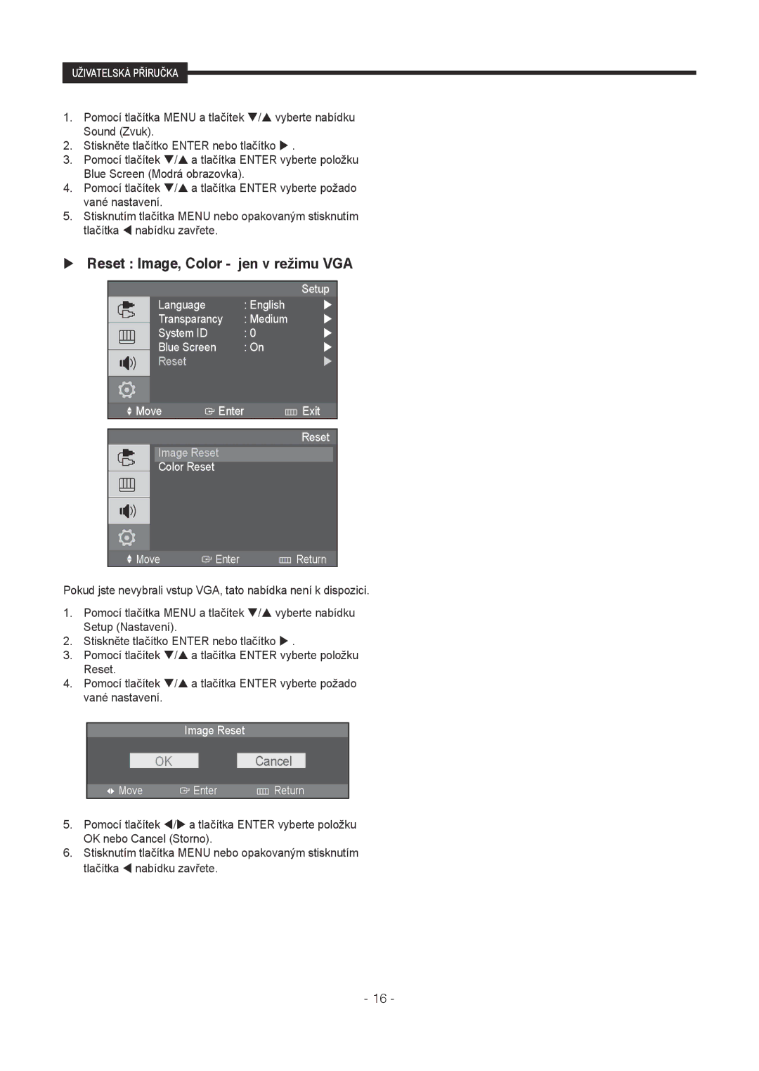 Samsung SMT-1721P, SMT-1921P manual  Reset Image, Color jen v režimu VGA, Color Reset Move Enter Return, Image Reset 