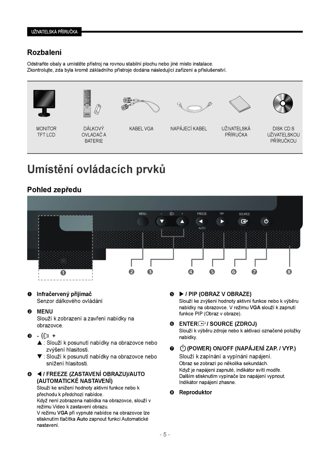 Samsung SMT-1921P, SMT-1721P manual Rozbalení, Pohled zepředu,  +,  Reproduktor 