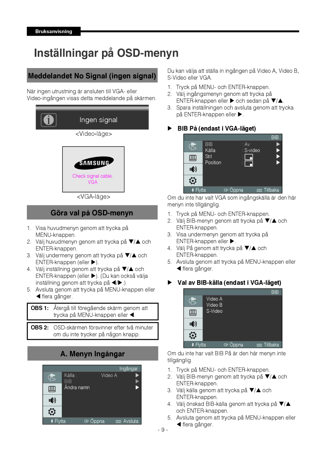 Samsung SMT-1921P Meddelandet No Signal ingen signal, Göra val på OSD-menyn, Menyn Ingångar,  BIB På endast i VGA-läget 