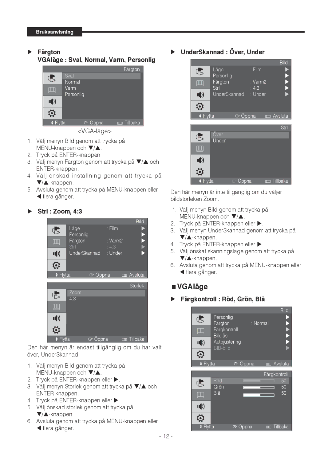 Samsung SMT-1721P, SMT-1921P manual VGAläge, Strl Zoom, Färgkontroll Röd, Grön, Blå 