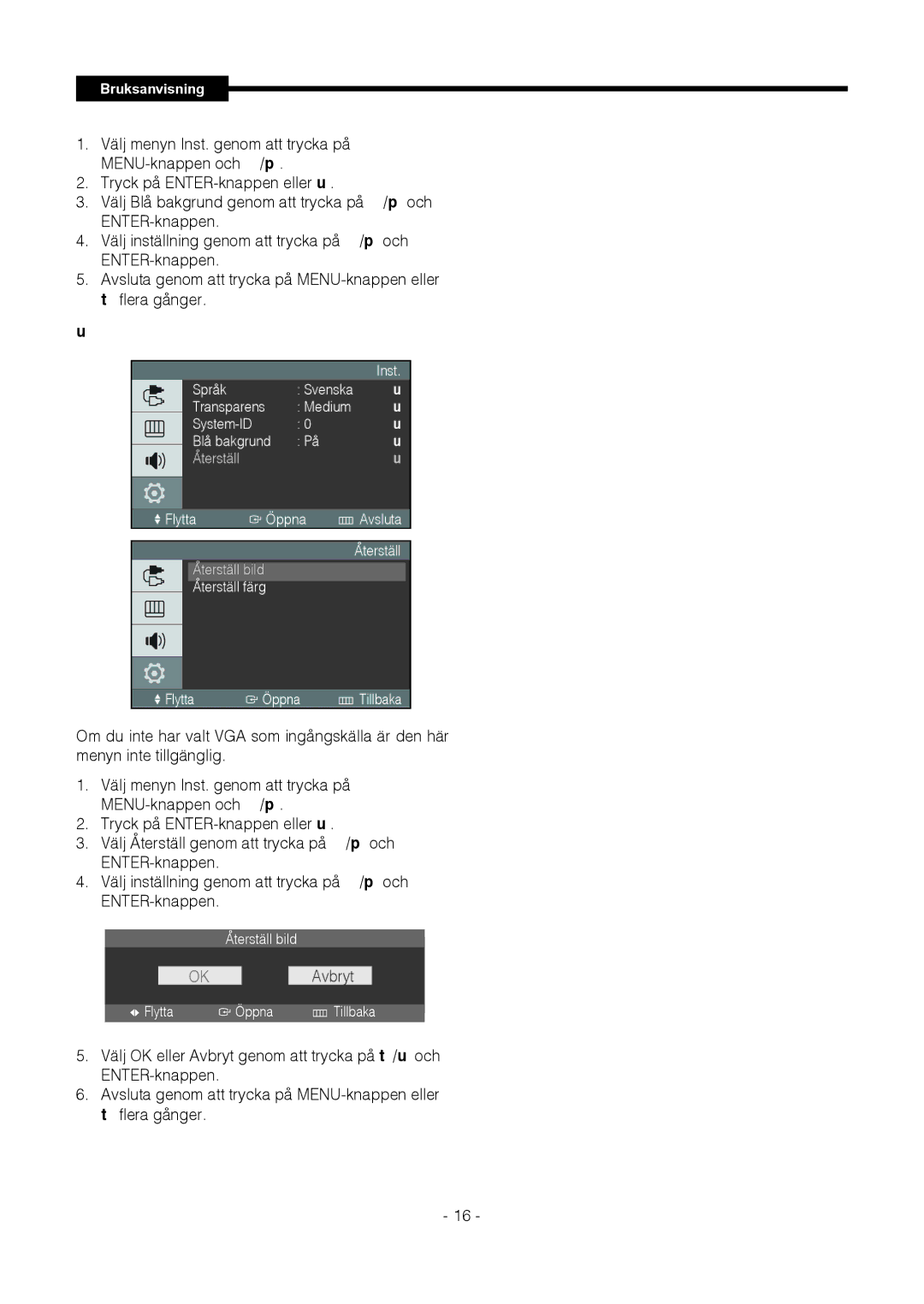 Samsung SMT-1721P, SMT-1921P manual  Återställ Bild, Färg endast i VGA-läget, OKAvbryt 